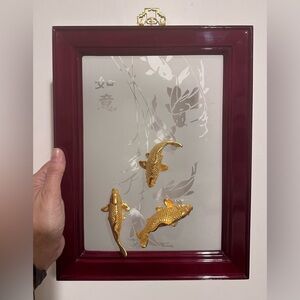 Collectible items.Gold Fish Tableau 24k Gold Plated Framed Glass Vintage Chinese